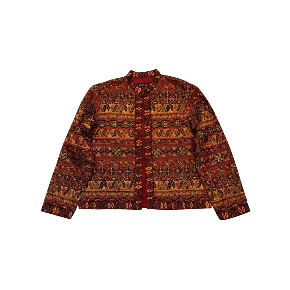 August Max Vintage Red Gold Geometric Open Front Tapestry Jacket Size XL
